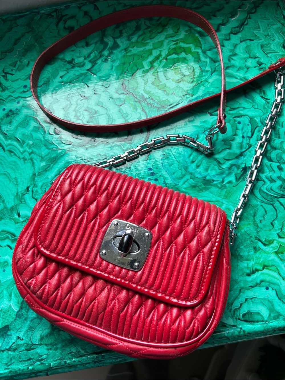 Designer-Inspired Quilted Red Crossbody Bag with Silver Chain